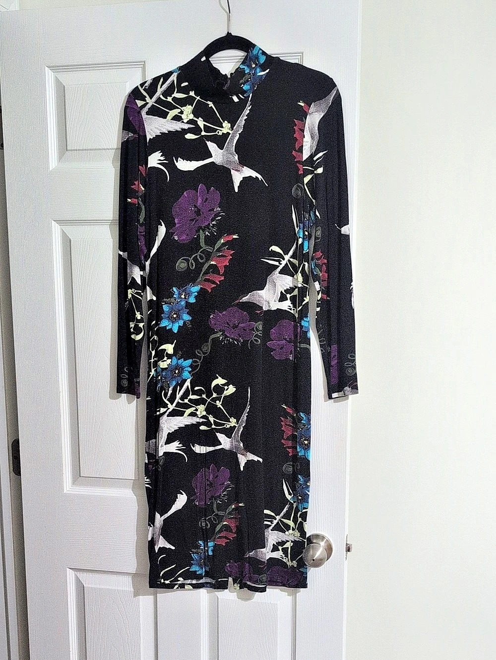 VENUS Floral Midi Dress in Black & Purple Size Large
